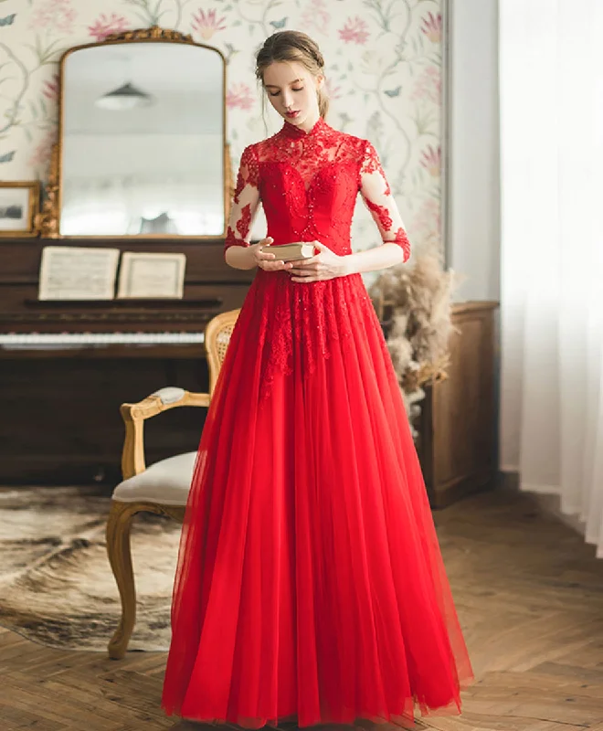 Special Shopping Event Red High Neck Tulle Lace Long Prom Dress, Red Lace Formal Dress