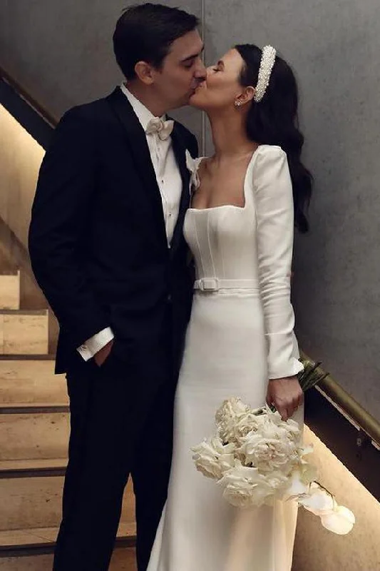Price Slash Event Retro Satin Long Sleeves Sweep Train Sheath Wedding Dress Bridal Gown,DS2673 Price Slash Event Retro Satin Long Sleeves Sweep Train Sheath Wedding Dress Bridal Gown,DS2673