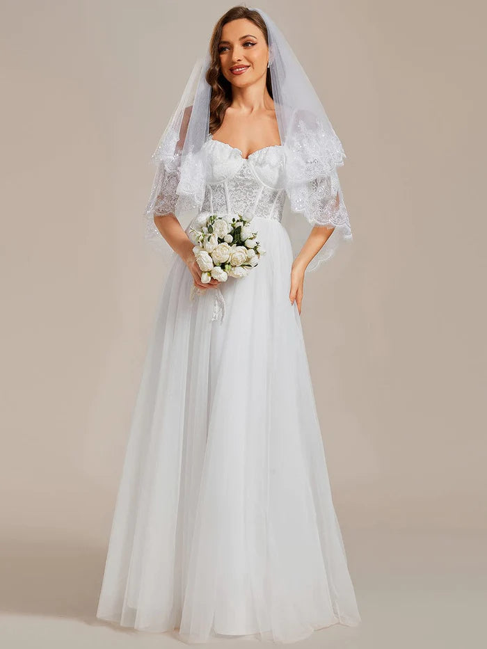 Shop & Get More Romantic See-Through Lace Bodice Spaghetti Strap Short Sleeve Tulle Wedding Dress Shop & Get More Romantic See-Through Lace Bodice Spaghetti Strap Short Sleeve Tulle Wedding Dress