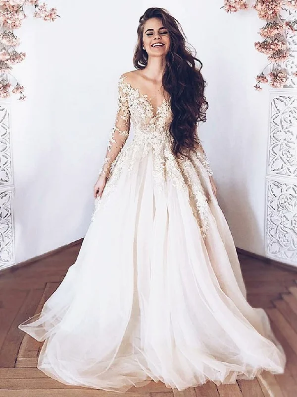 Weekend Only Sale Round Neck Long Sleeves Lace Wedding Dresses, Long Sleeves Lace Prom Formal Graduation Dresses,DS1762