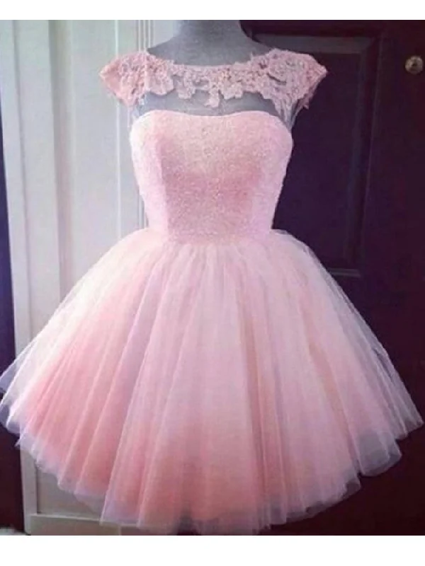 End-of-Season Sale Round Neck Pink Short Lace Prom Dress, Pink Lace Homecoming/Bridesmaid/Graduation Dress