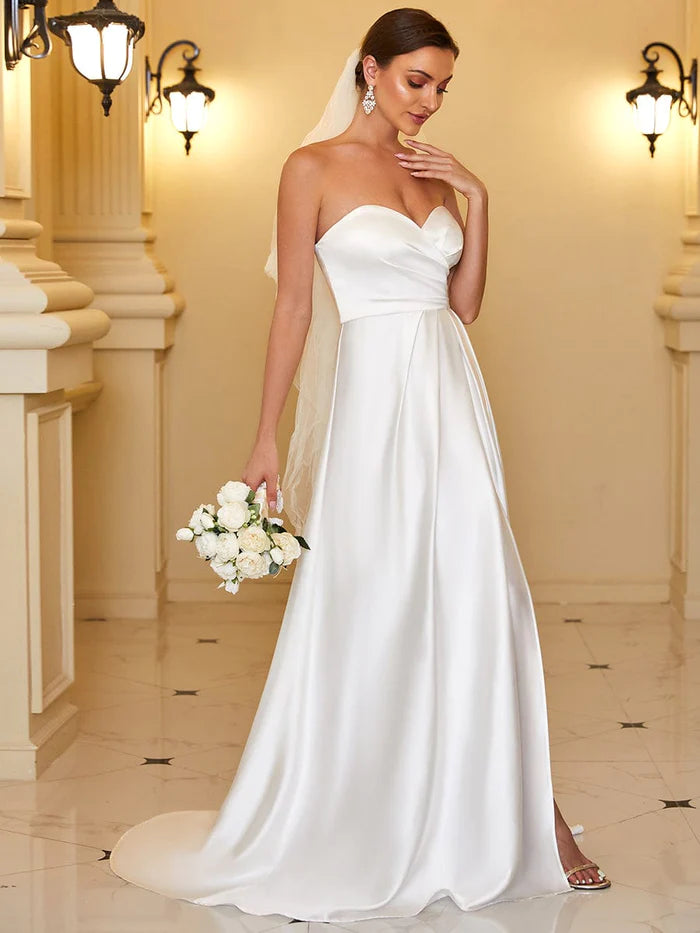 Weekend Flash Markdown Satin Pleated Sweetheart Sleeveless Front Slit Wedding Dress Weekend Flash Markdown Satin Pleated Sweetheart Sleeveless Front Slit Wedding Dress