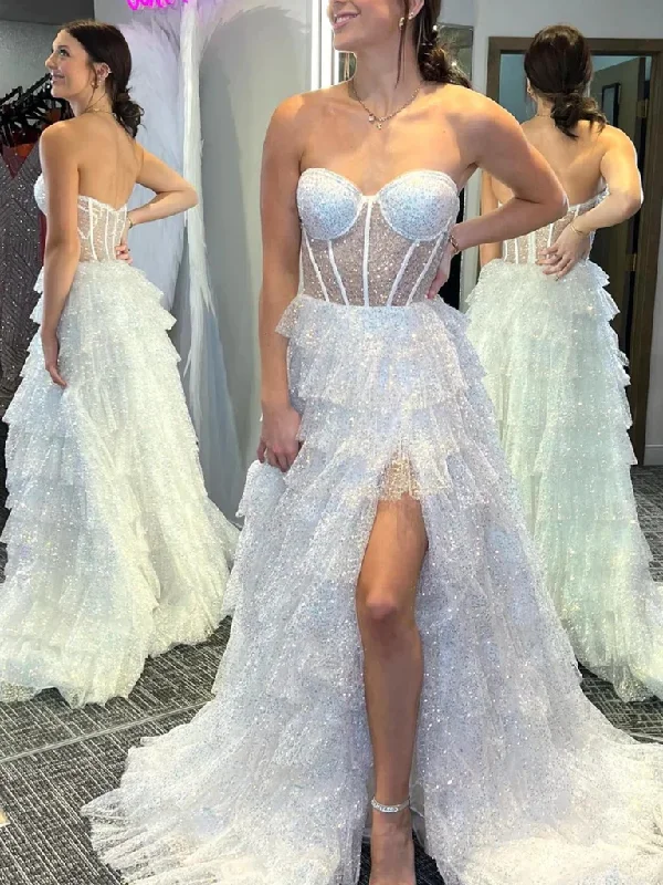 Limited Edition Sequins Strapless White Tulle Ruffle Long Prom Dresses with High Slit, Strapless Open Back White Formal Evening Dresses