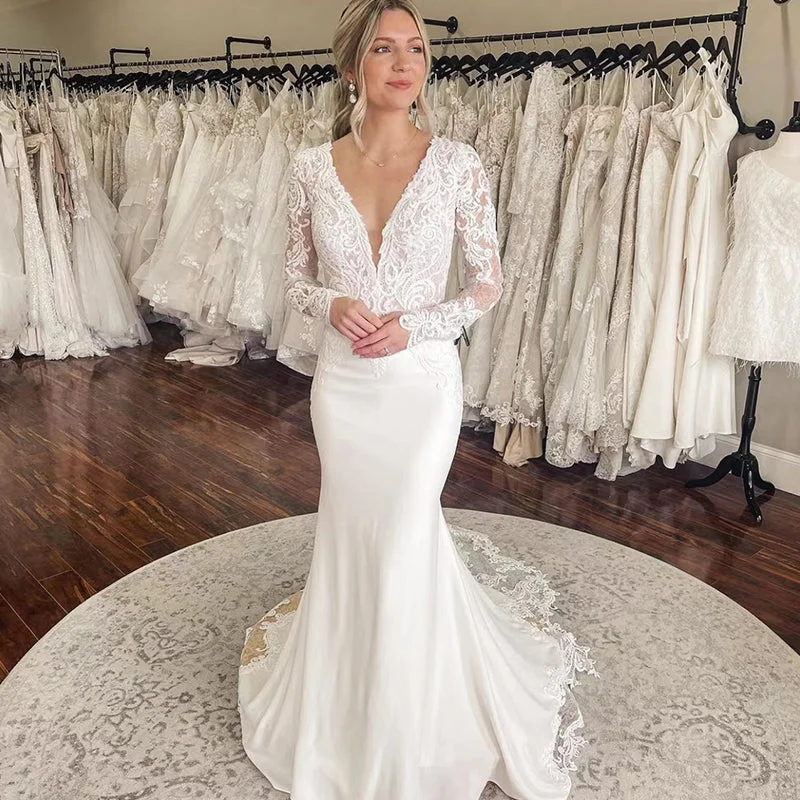 Weekend Hot Savings Sexy Backless Buttons Mermaid Wedding Dresses for Women Deep V Neck Bridal Gowns Lace Applique Long Sleeves,LW047 Weekend Hot Savings Sexy Backless Buttons Mermaid Wedding Dresses for Women Deep V Neck Bridal Gowns Lace Applique Long Sleeves,LW047