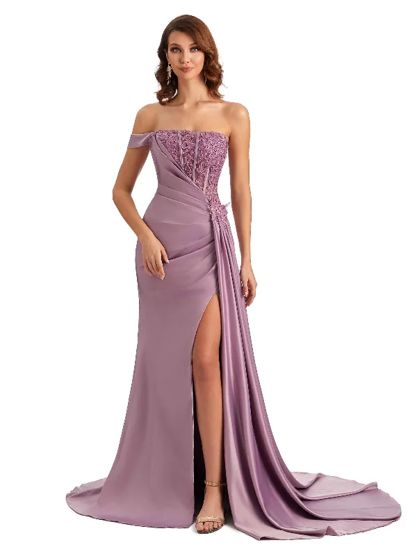 Weekend Flash Offers Sexy One Shoulder Lace Side Slit Mermaid Silky Satin Unique Long Bridesmaid Dresses