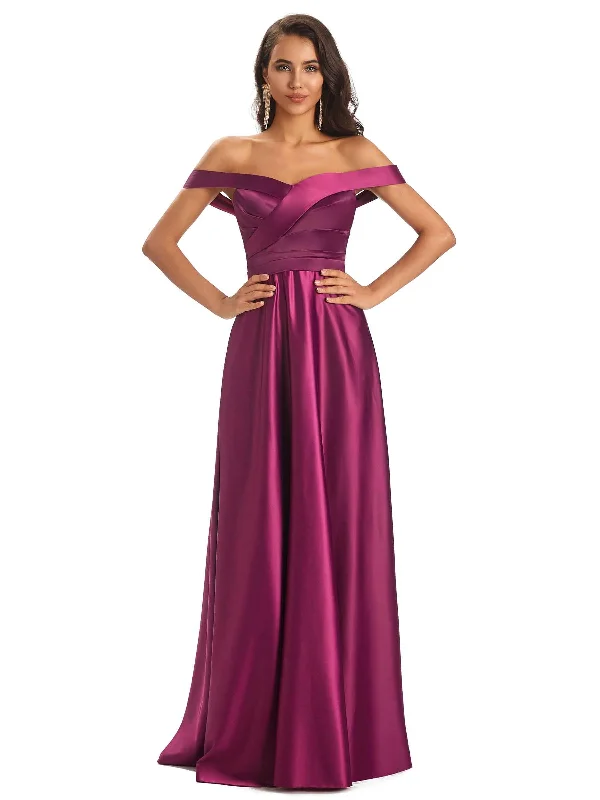 Hot Picks Sexy Soft Satin Off The Shoulder A-Line Long Bridesmaid Dresses Online
