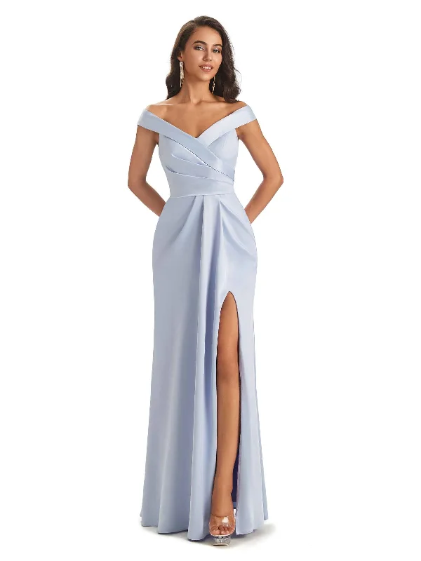 Limited-Time Deal Sexy Soft Side Slit Off Shoulder V-Neck Long Satin Ladies Bridesmaid Dresses