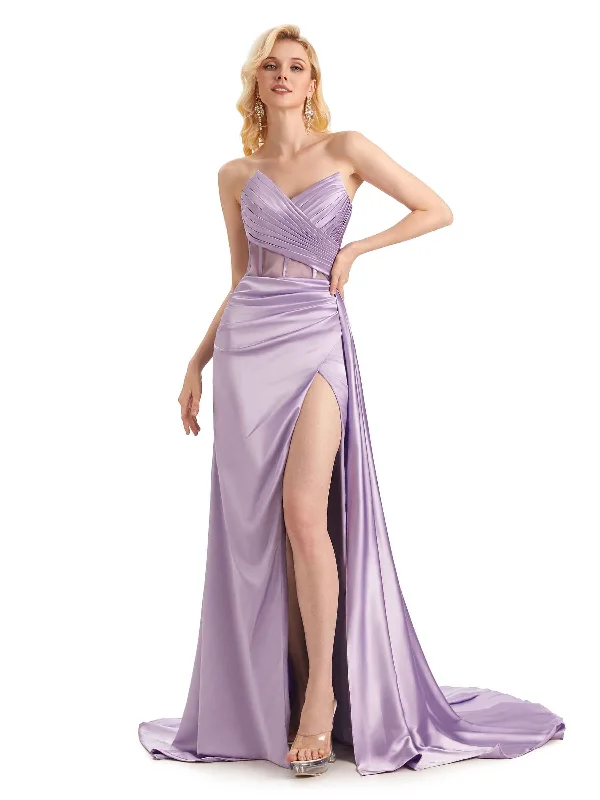 Weekend Exclusive Discounts Sexy Soft Satin Side Slit See Through Floor-Length Long Mermaid Bridesmaid Dresses