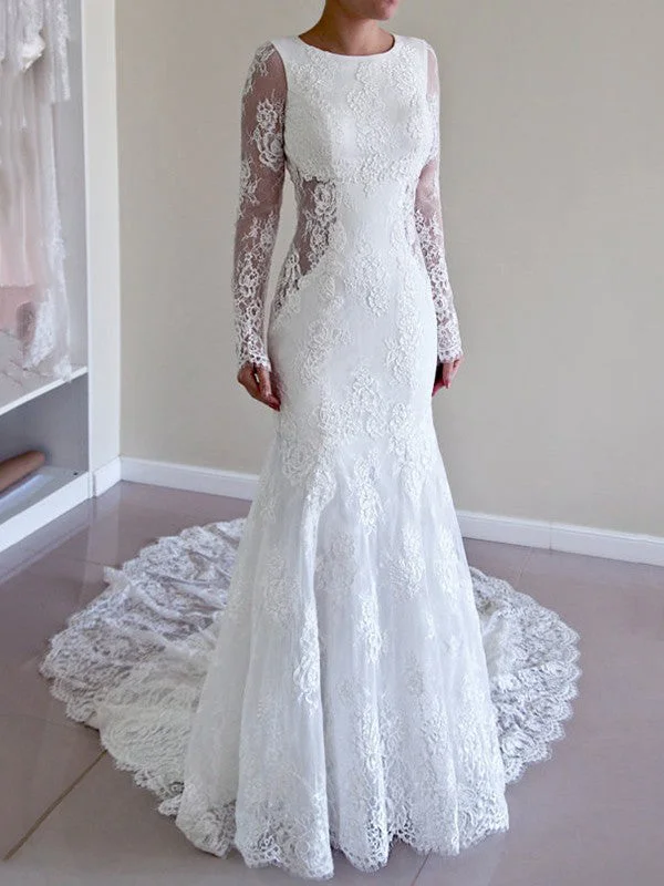 Weekend Deals Galore Sexy Wedding Dresses Scoop Backless Sweep Train Ivory Lace Mermaid Bridal Gown JKS279