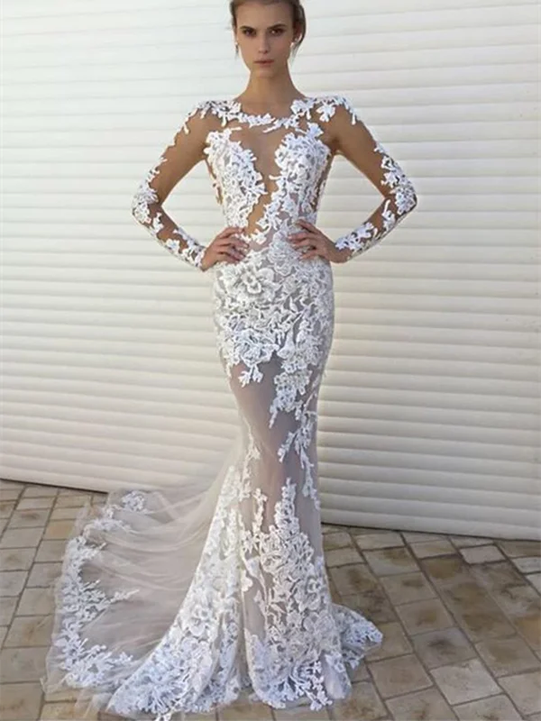 Weekend Flash Markdown Sexy White Lace Mermaid See Through Long Sleeves Wedding Dress Prom Dresses Party Gown