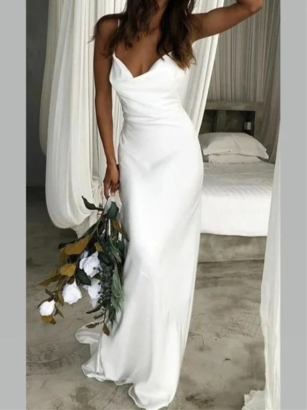 Weekend Flash Offers Sheath/Column Simple Scoop Neck Mermaid White Popular Beach Wedding Dresses, Spaghetti Straps Mermaid Bridal Dresses