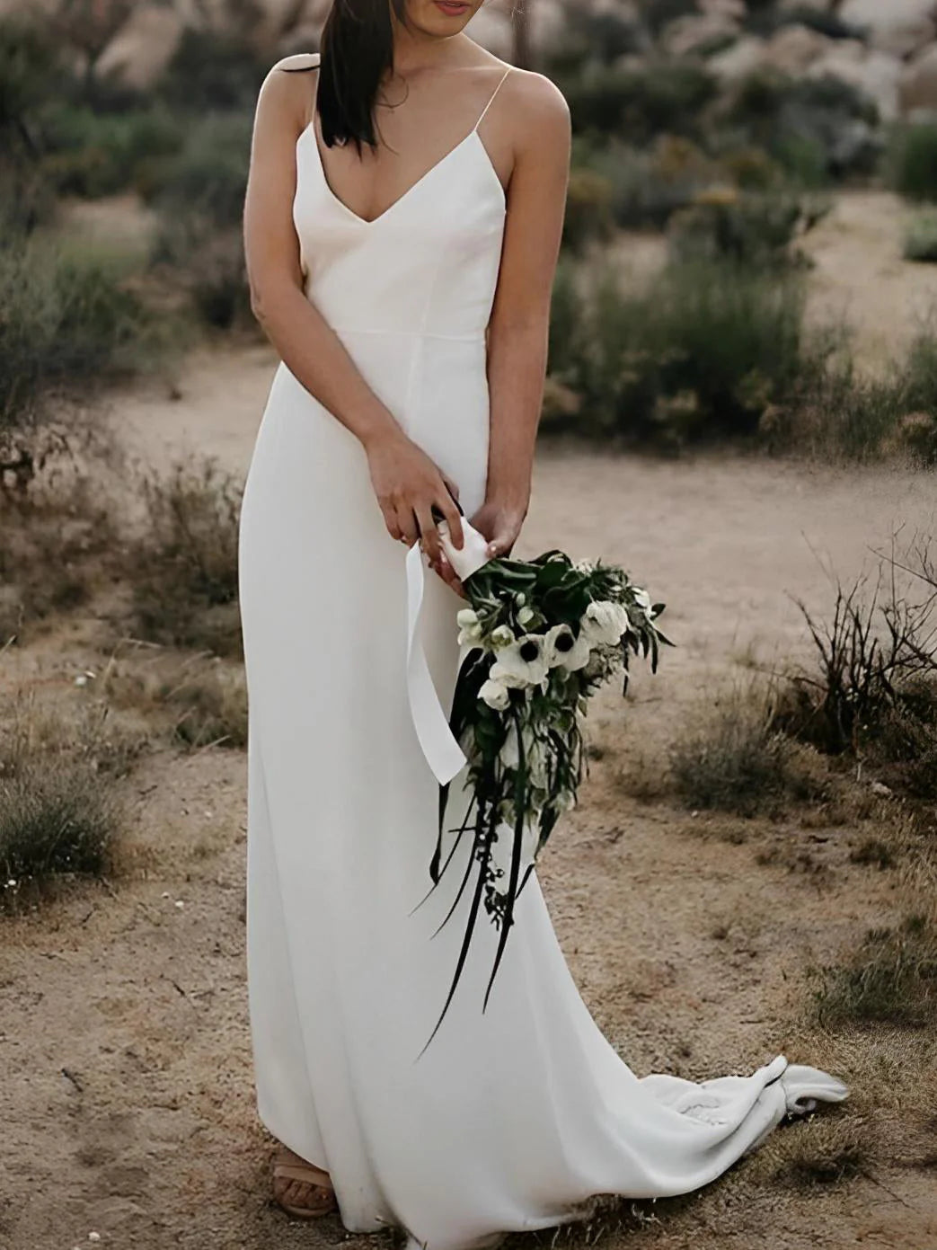 Weekend Price Slash Day Sheath/pillar thin shoulder strap V-neck wedding dress