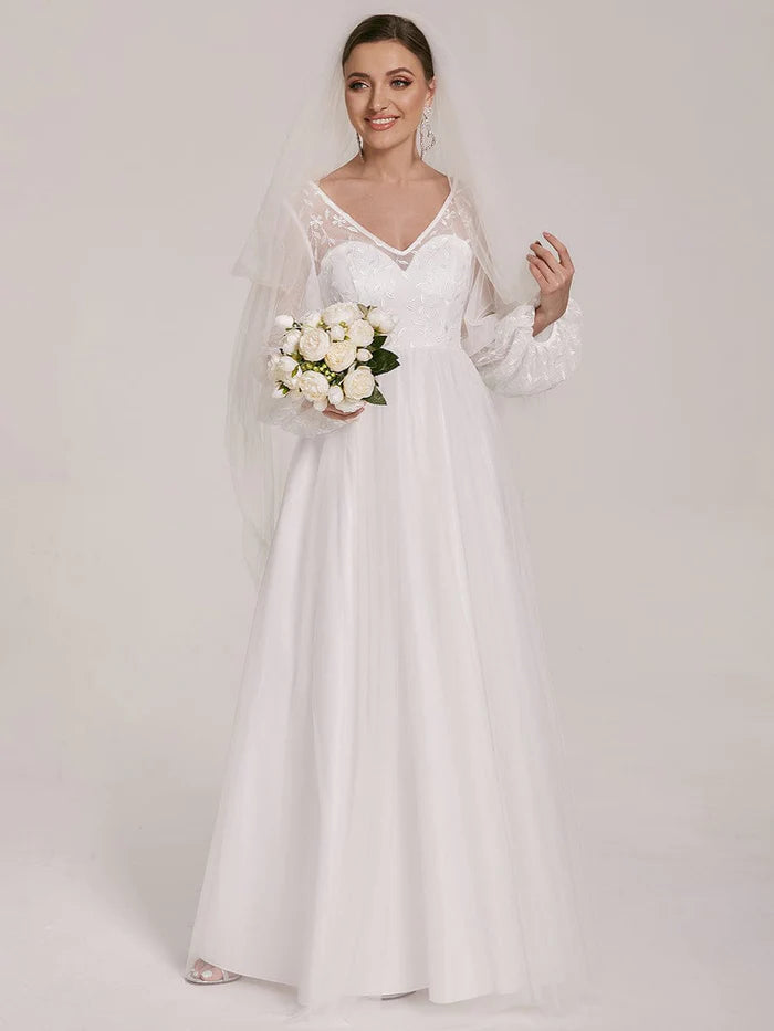 Weekend Shopping Extravaganza Sheer Floral Puffed Sleeve Sweetheart A-Line Wedding Dress Weekend Shopping Extravaganza Sheer Floral Puffed Sleeve Sweetheart A-Line Wedding Dress