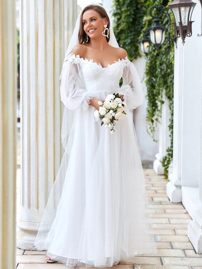 Season-End Deals Sheer Lantern Sleeve Off the Shoulder Wedding Dress