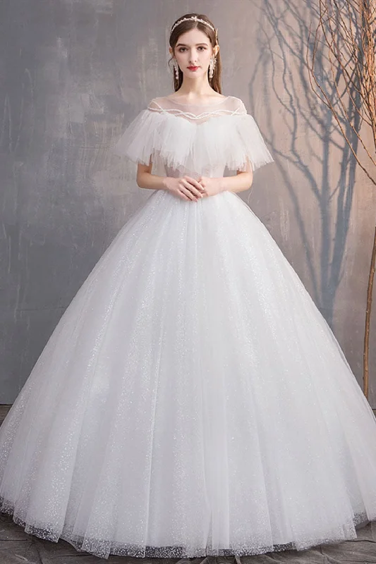 Weekend Savings Bonanza Shiny Tulle Round Neck White Long Prom Dresses, Shiny White Wedding Dresses, White Formal Evening Dresses
