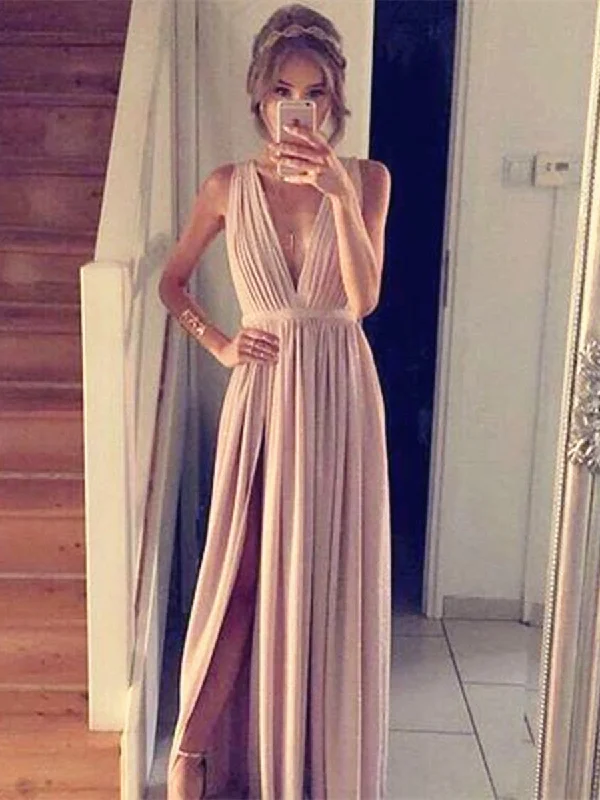 Weekend Best Price Deals Simple A Line V Neck Champagne Prom Dress with Slit, Champagne Formal Dress, Bridesmaid Dress