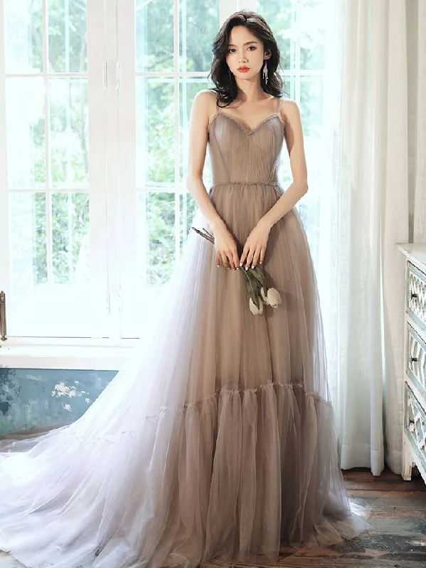 Shop & Save More Simple Gray V Neck Tulle Long Prom Dress Gray Formal Dress
