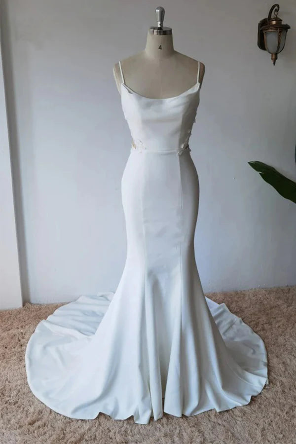 Weekend Sale Extravaganza Simple Italian Noodle Strap Satin Mermaid Modern Floor Mopping Wedding Dress