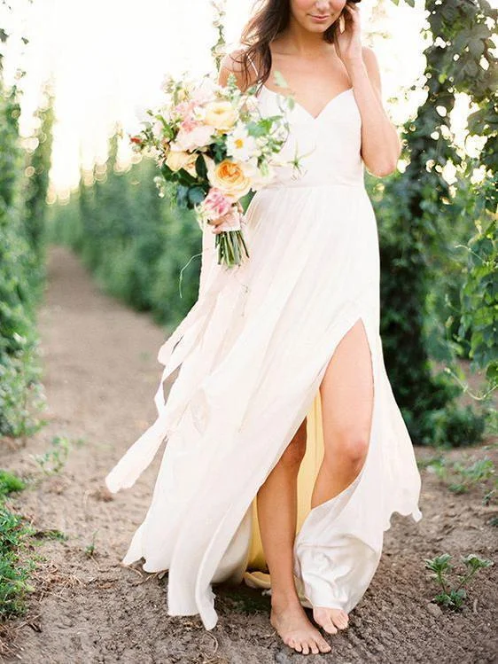 Weekend Hot Bargains Simple Long A-line Side Slit Chiffon Beach Wedding Dresses