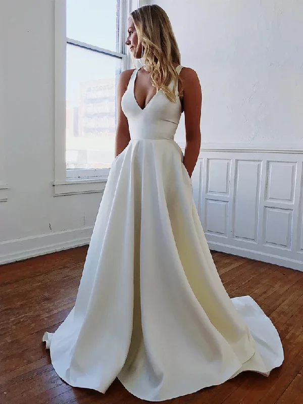 Clearance Event Simple V Neck White Satin Long Prom Dresses, V Neck White Satin Long Formal Evening Dresses Clearance Event Simple V Neck White Satin Long Prom Dresses, V Neck White Satin Long Formal Evening Dresses