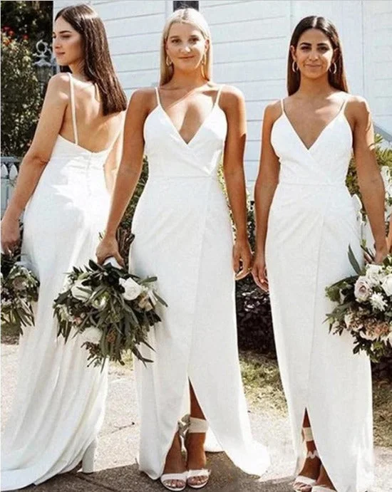 Exclusive Flash Sale Simple White V Neck Sleeveless Bridesmaid Dresses