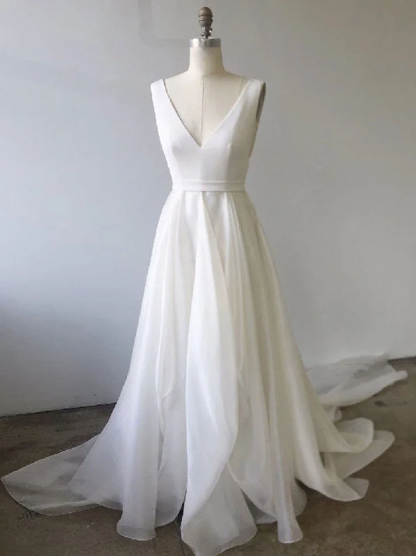Weekend Shopping Deals Galore Simple White V Neck Tulle Long Prom Dress, White Evening Dress