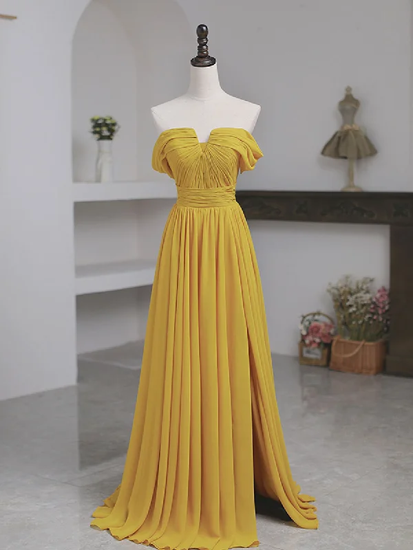 Shop & Save Simple Yellow Off Shoulder Long Prom Dress, Yellow Chiffon Graduation Dresses