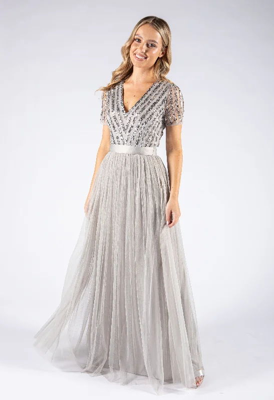 Buy More, Save More SOFT GREY V NECK SEQUIN AND TULLE DRESS WITH TIE WAIST