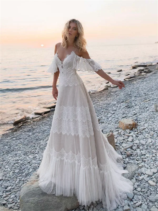 Weekend Sale Marathon Spaghetti Long A-line Lace Wedding Dresses, Beach Wedding Dresses, Popular Wedding Dresses
