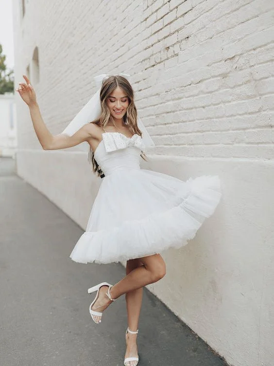 Sale Alert Spaghetti Mini Wedding Dresses With Cute Bow, Fluffy Mini Bridal Gown, Cute Short Prom Dresses Sale Alert Spaghetti Mini Wedding Dresses With Cute Bow, Fluffy Mini Bridal Gown, Cute Short Prom Dresses