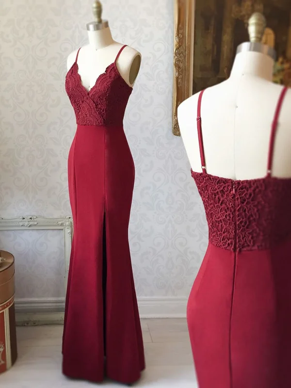 Weekend Discount Rush Spaghetti Straps Floor Length Burgundy Lace Prom Dresses, Burgundy Lace Formal Evening Bridesmaid Dresses