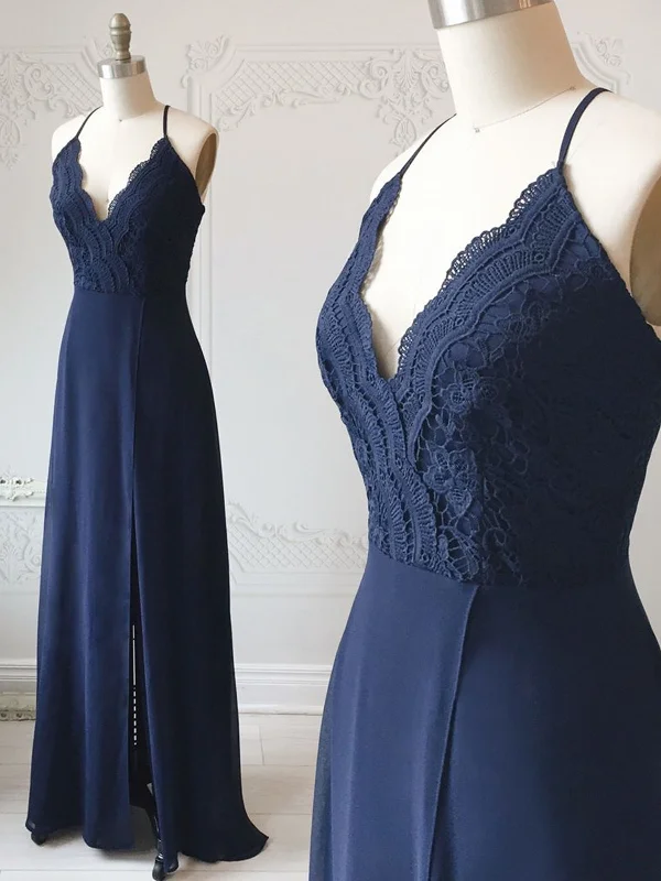 Weekend Super Sale Alert Spaghetti Straps Floor Length Navy Blue Lace Prom Dresses, Navy Blue Lace Formal Evening Bridesmaid Dresses