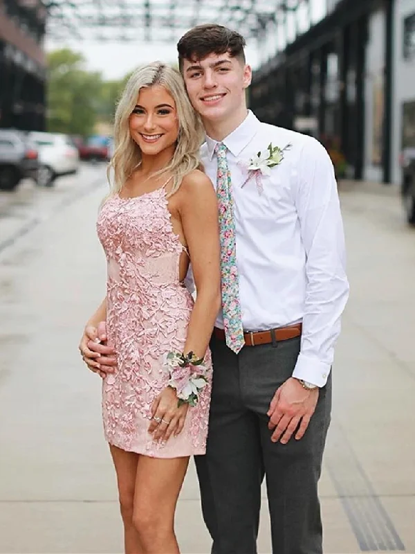 Weekend Price Drop Event Spaghetti Straps Pink Backless Lace Short Prom Dresses, Short Backless Pink Lace Formal Evening Homecoming Dresses Weekend Price Drop Event Spaghetti Straps Pink Backless Lace Short Prom Dresses, Short Backless Pink Lace Formal Evening Homecoming Dresses