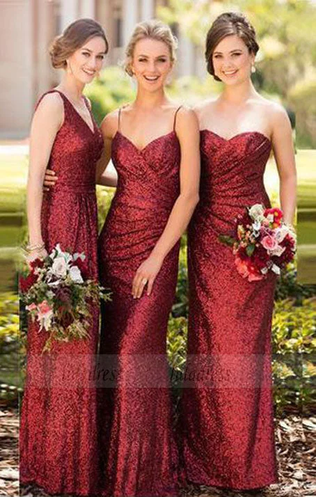 One-Day Sale Sparkly Sheath Sleeveless Red Floor-Length Bridesmaid Dress with Sequins