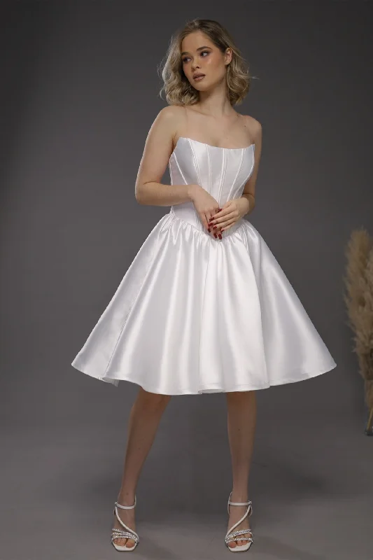 Weekend Closeout Deals Strapless Ivory Satin Mini Wedding Dresses, Corset Bones Mini Dresses, Homecoming Dresses Weekend Closeout Deals Strapless Ivory Satin Mini Wedding Dresses, Corset Bones Mini Dresses, Homecoming Dresses