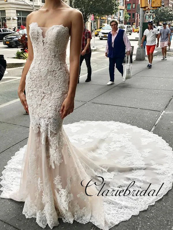 Unbeatable Flash Deals Strapless Long Mermaid Lace Wedding Dresses