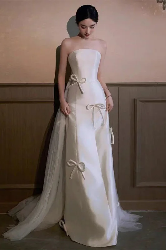 Offer Ending Soon Strapless Satin Wedding Dresses With Bows, Simple Elegant Wedding Dresses, Long Wedding Dresses, Bridal Gown Offer Ending Soon Strapless Satin Wedding Dresses With Bows, Simple Elegant Wedding Dresses, Long Wedding Dresses, Bridal Gown