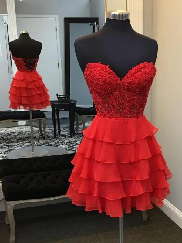 Weekend Closeout Deals Strapless Sweetheart Neck Red Lace Layered Prom Dresses, Sweetheart Neck Short Red Lace Formal Graduation Evening Dresses Weekend Closeout Deals Strapless Sweetheart Neck Red Lace Layered Prom Dresses, Sweetheart Neck Short Red Lace Formal Graduation Evening Dresses