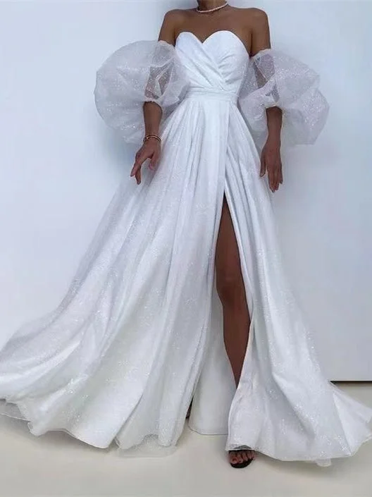 Grab Your Deal Sweetheart Long A-line Shiny Wedding Dresses, High Slit Wedding Dresses With Detachable Sleeves, Popular 2022 Prom Dresses Grab Your Deal Sweetheart Long A-line Shiny Wedding Dresses, High Slit Wedding Dresses With Detachable Sleeves, Popular 2022 Prom Dresses