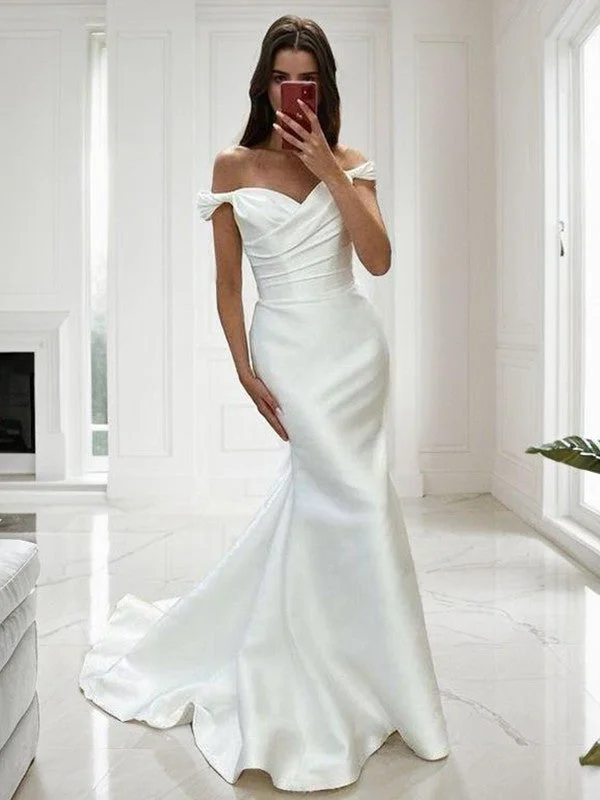 Price Cut Alert Tight off shoulder pleated court and ground length satin wedding dress Price Cut Alert Tight off shoulder pleated court and ground length satin wedding dress