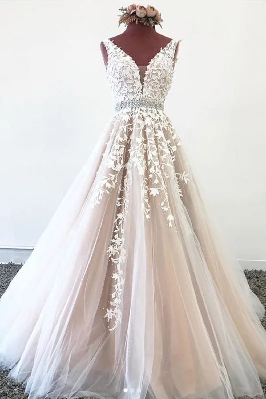 Weekend Low Prices V Neck Backless Champagne Lace Long Prom Dresses with Belt, Champagne Lace Formal Wedding Dresses, Champagne Party Dresses Weekend Low Prices V Neck Backless Champagne Lace Long Prom Dresses with Belt, Champagne Lace Formal Wedding Dresses, Champagne Party Dresses