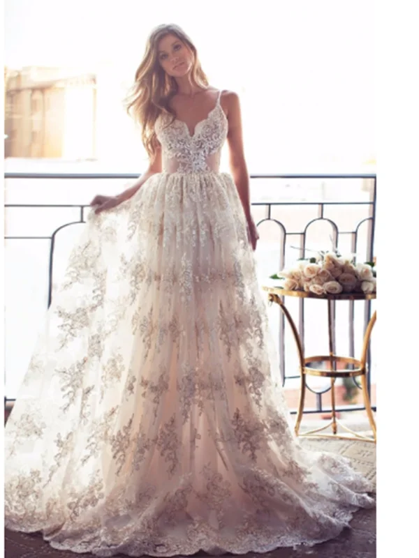 Exclusive Savings V Neck Backless Lace Ivory Wedding Dress with Champagne Appliques, Backless Lace Prom Dresses Exclusive Savings V Neck Backless Lace Ivory Wedding Dress with Champagne Appliques, Backless Lace Prom Dresses