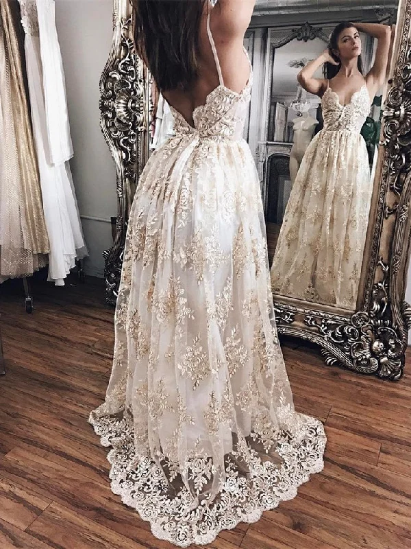 Flash Sale V Neck Backless Lace Ivory Wedding Dress with Champagne Appliques, Backless Lace Prom Dresses Flash Sale V Neck Backless Lace Ivory Wedding Dress with Champagne Appliques, Backless Lace Prom Dresses