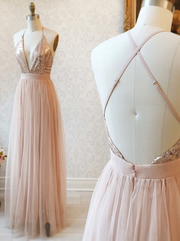 Last Chance Sale V Neck Backless Rose Gold Prom Dresses, Open Back Rose Gold Formal Bridesmaid Dresses Last Chance Sale V Neck Backless Rose Gold Prom Dresses, Open Back Rose Gold Formal Bridesmaid Dresses