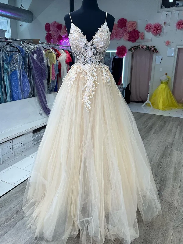 Weekend Best Deals V Neck Champagne Tulle Lace Wedding Dresses, Champagne Tulle Lace Formal Prom Dresses Weekend Best Deals V Neck Champagne Tulle Lace Wedding Dresses, Champagne Tulle Lace Formal Prom Dresses