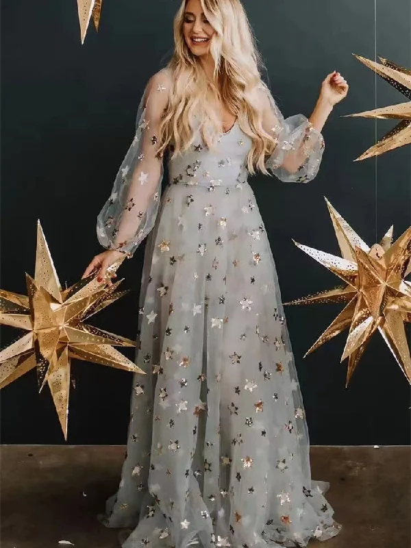 Weekend Shopping Deals Galore V-neck Grey Star Gown, A-line Prom Dresses, Long Sleeves Prom Dresses, Newest Prom Dresses, Wedding Dresses