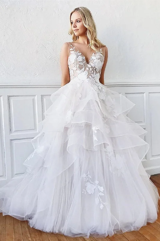 Weekend Shopping Extravaganza V Neck Open Back White Lace Floral Long Prom Wedding Dresses, V Neck White Formal Dresses, White Evening Dresses with Appliques Weekend Shopping Extravaganza V Neck Open Back White Lace Floral Long Prom Wedding Dresses, V Neck White Formal Dresses, White Evening Dresses with Appliques