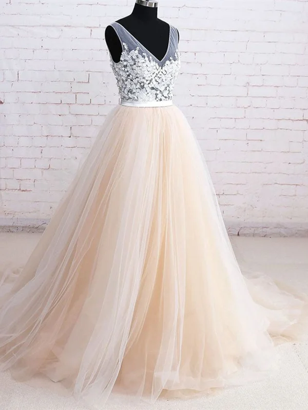 Unbeatable Bargains V Neck White And Champagne Tulle Floral Ball Gown Prom Dress, White And Champagne Formal Evening Dress Unbeatable Bargains V Neck White And Champagne Tulle Floral Ball Gown Prom Dress, White And Champagne Formal Evening Dress