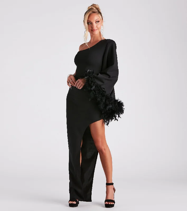 One-Day Sale Vivian One-Shoulder Feather Trim Formal Dress