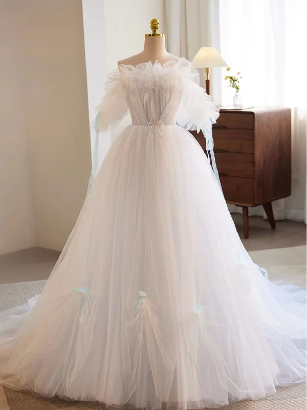 Weekend Savings Bonanza White A-Line Tulle Long Prom Dress, White Formal Dress